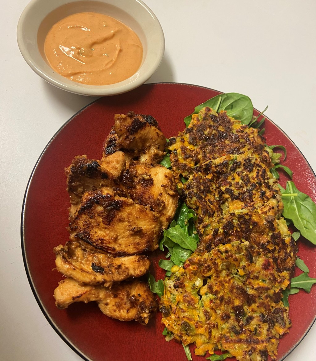 Miso Marinated Chicken Breast w/ Veggie Patties & Greek Yogurt Chili-Sesame&nbsp;Dip